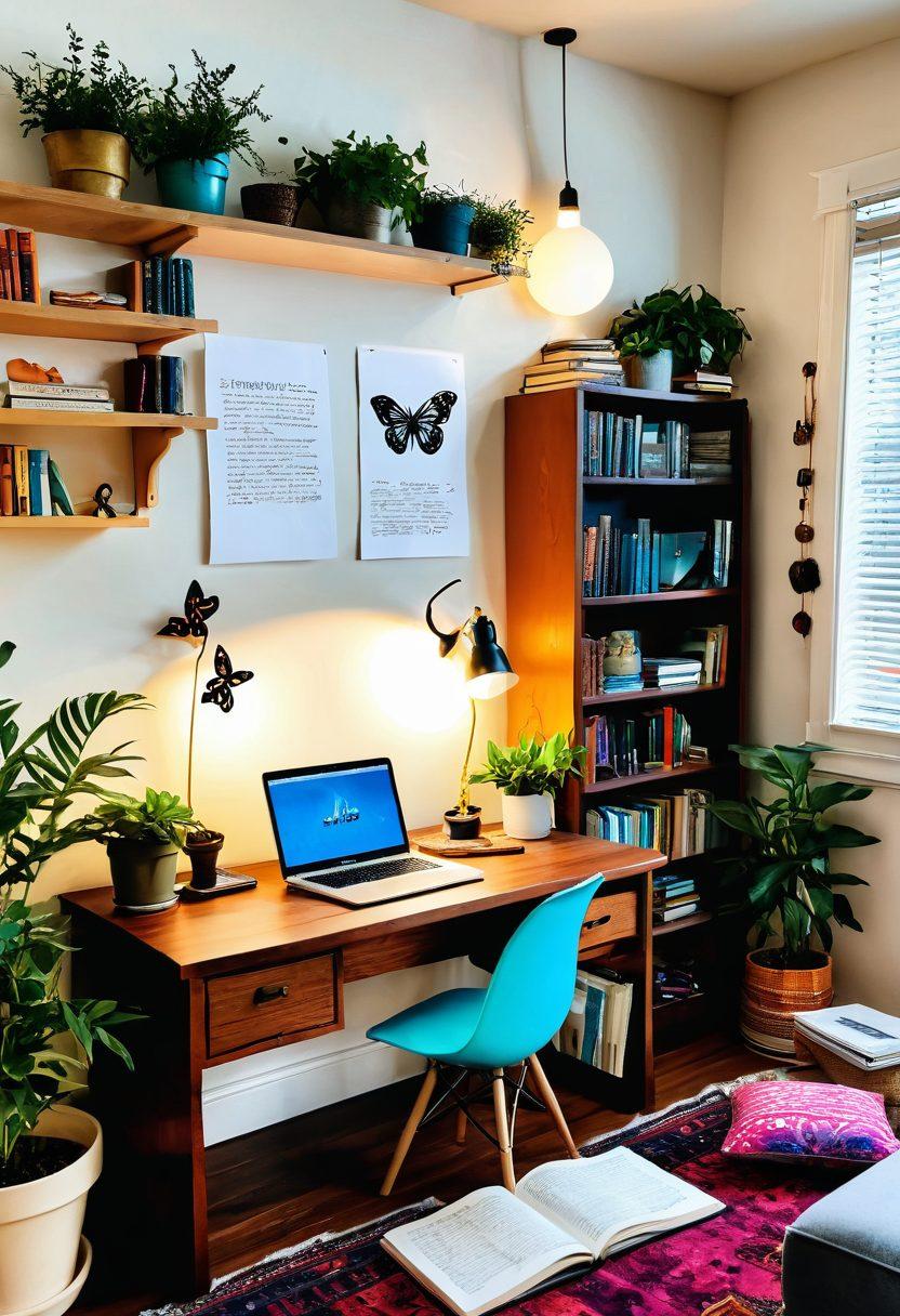 A whimsical workspace filled with vibrant colors, showcasing a writer's desk with an open notebook, scattered colorful pens, and a laptop displaying interactive articles. An inspiring bookshelf in the background filled with books on creativity, while a plant flourishes nearby. A whimsical lightbulb hovers above, symbolizing ideas and inspiration. Artistic overlays of writing prompts and butterflies representing creativity flutter around. super-realistic. vibrant colors. cozy atmosphere.