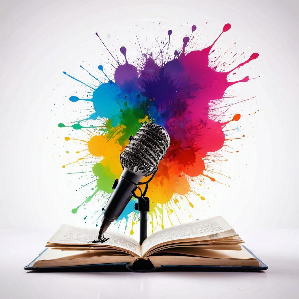 A vibrant scene depicting an open notebook with colorful ink splashes around, symbolizing creativity and expression. A silhouette of a person speaking into a vintage microphone, surrounded by floating words and ideas. Soft light illuminating the scene, creating an inviting atmosphere for content creators. super-realistic. vibrant colors. white background.