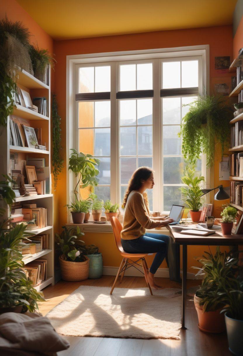 A dynamic scene showcasing a person sitting at a laptop in a cozy, modern workspace, surrounded by inspirational books, plants, and a vision board filled with goals. The backdrop features a window with sunlight streaming in, symbolizing new ideas and growth. Incorporate elements of vibrant colors and a sense of empowerment while evoking a strong sense of community and connection. super-realistic. vibrant colors. cozy atmosphere.